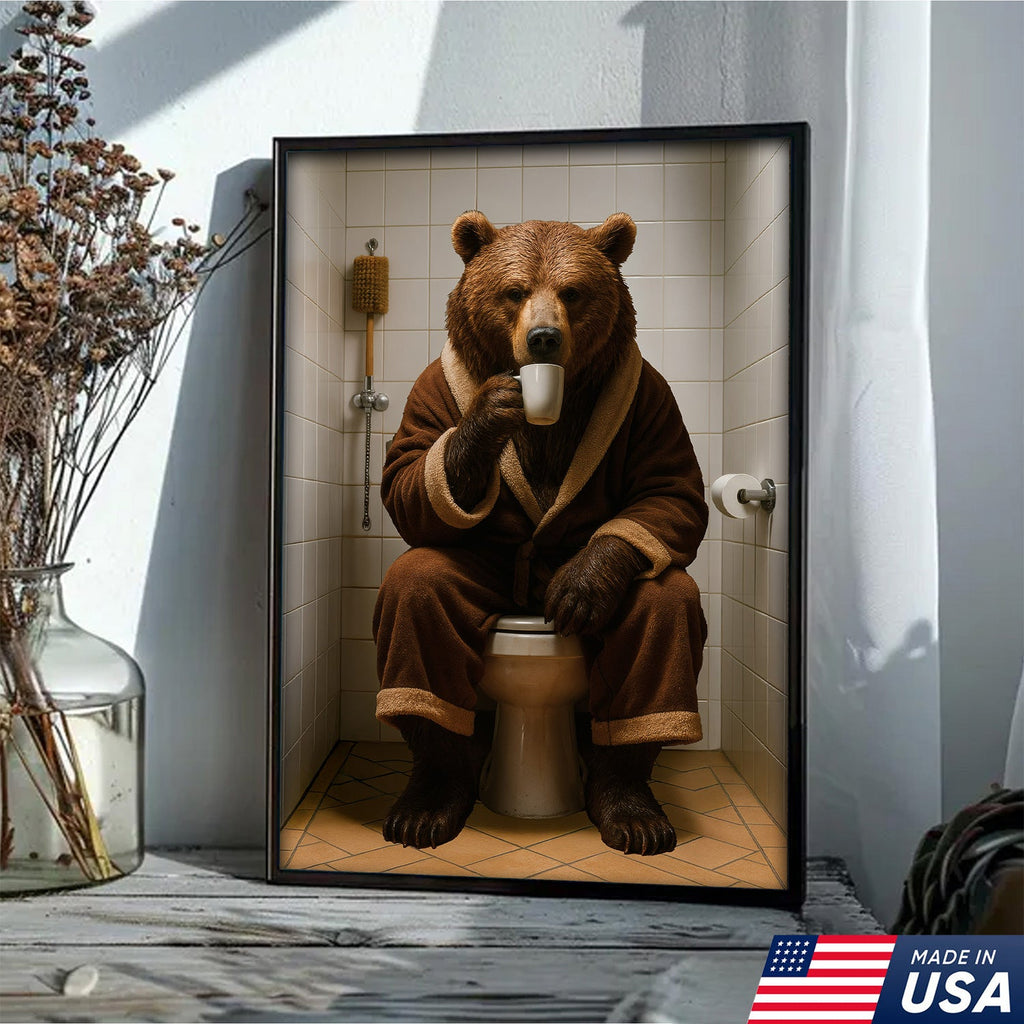 Hilarious Bear Toilet Canvas Wall Art – Morning Coffee, Quirky Bathroom Humor