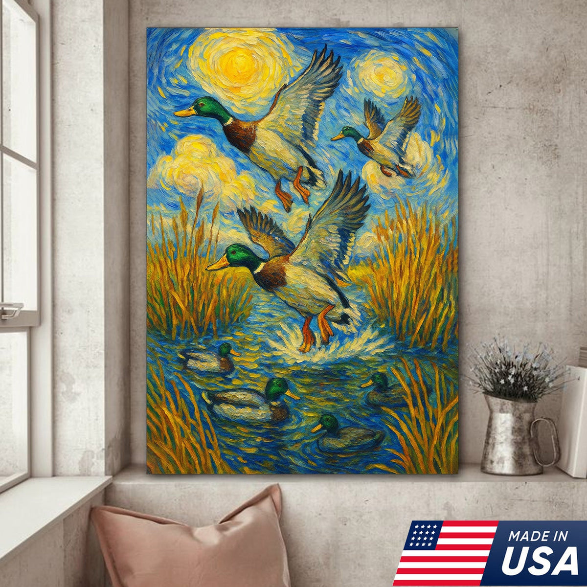 Flying Mallard Duck Hunting Canvas – Rustic Wildlife Wall Art