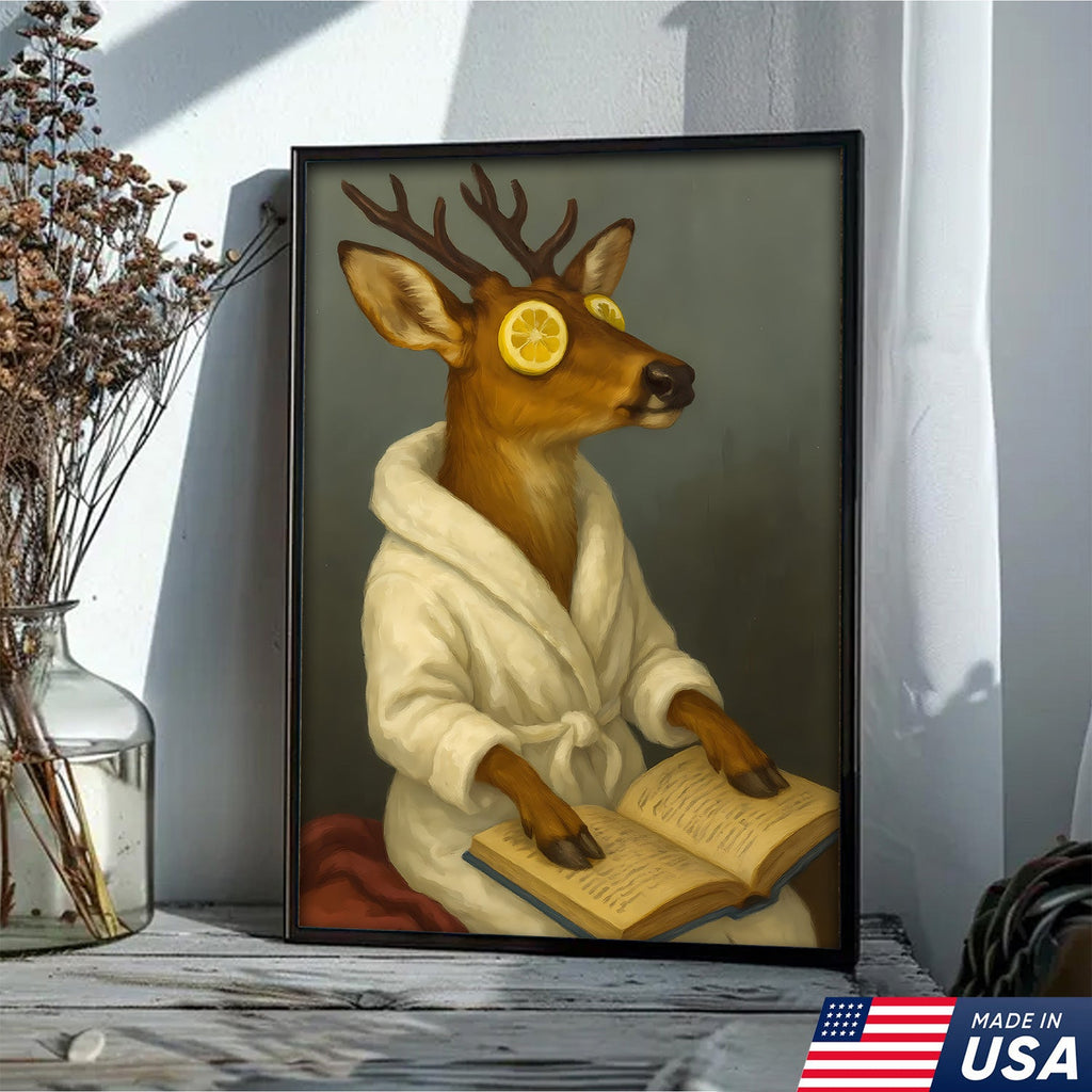 Funny Deer Spa Portrait Wall Art – Relaxing Deer With Lemon Eyes, Whimsical Animal Painting