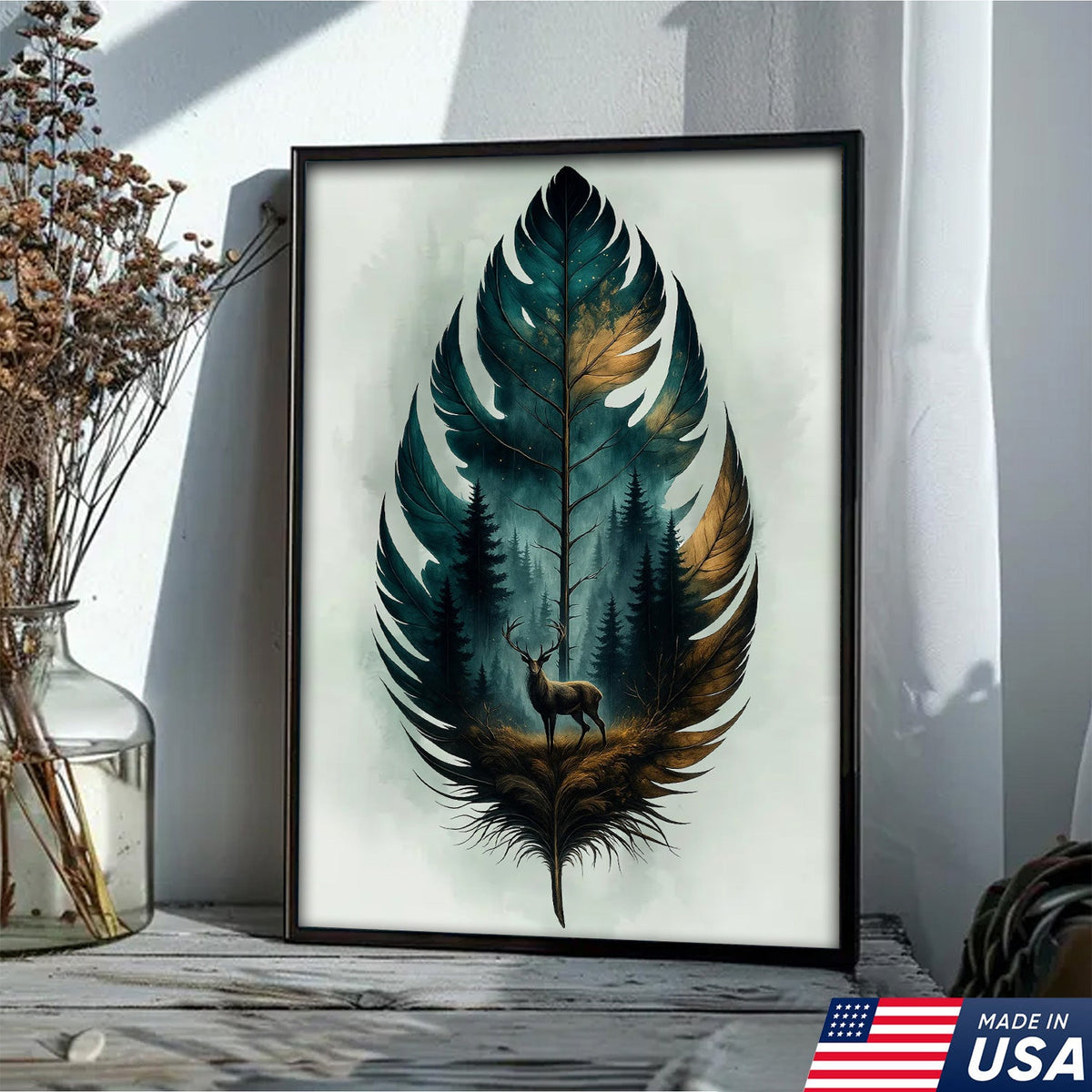 Rustic Deer And Feather Canvas Wall Art – Nature Forest Wildlife Print – Cabin & Lodge Hunting Decor