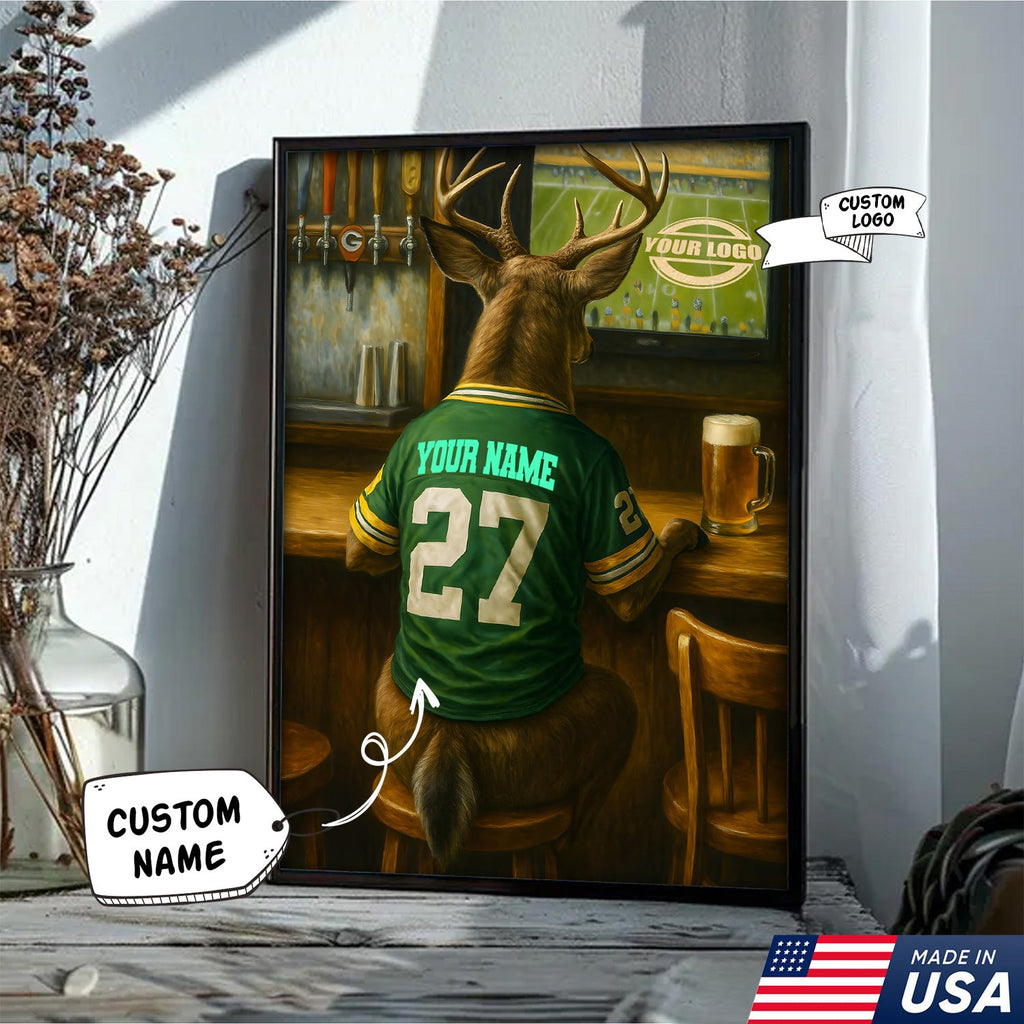 Custom Deer Football Canvas Wall Art – Personalized Deer Watching Sports Drinking Funny Sports Bar Decor