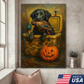 Labrador Retriever Hunting Dog Canvas Wall Art – Black Lab with Duck and Halloween Pumpkin Decor