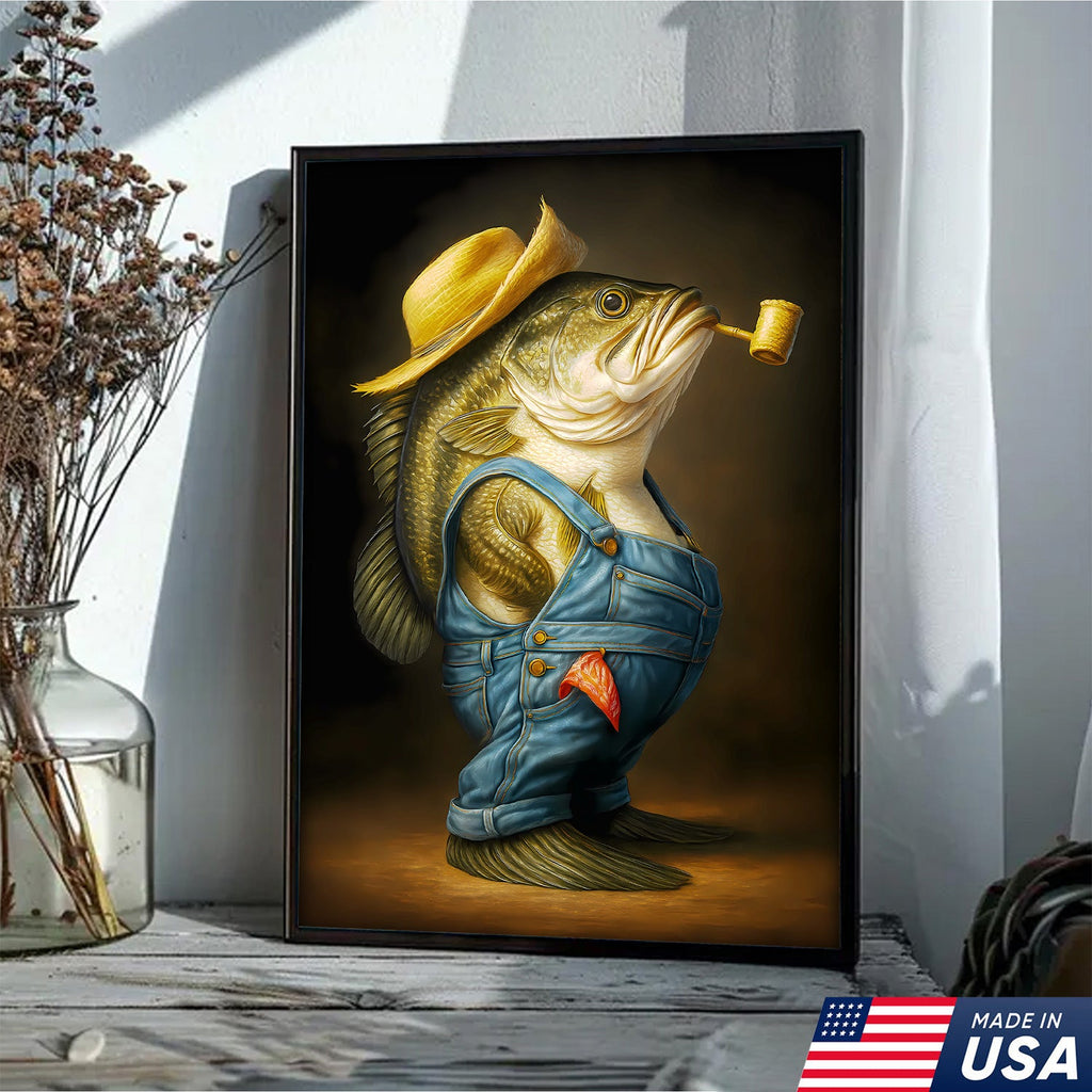 Funny Bass Wall Art – Farmer Fish Canvas for Fishing Lovers, Cabin & Lake House Decor