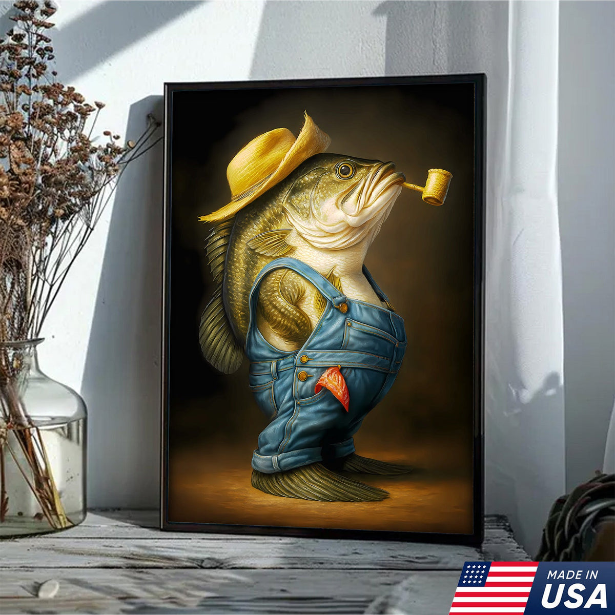 Funny Bass Wall Art – Farmer Fish Canvas for Fishing Lovers, Cabin & Lake House Decor