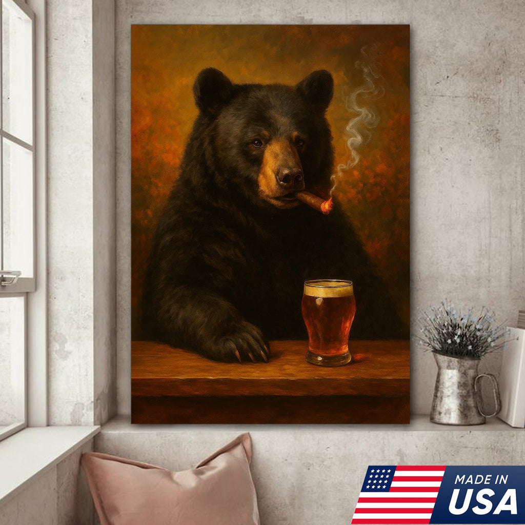 Funny Bear Drinking Cocktail Glasses & Smoking Canvas Wall Art - Rustic Bar
