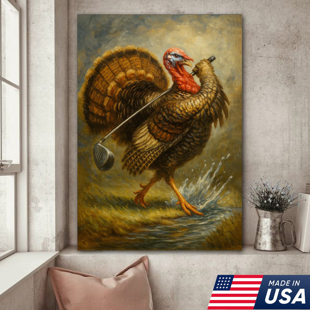 Funny Turkey Playing Golf Canvas Wall Art – Rustic Cabin Lodge Decor, Man Cave & Golfer Gift