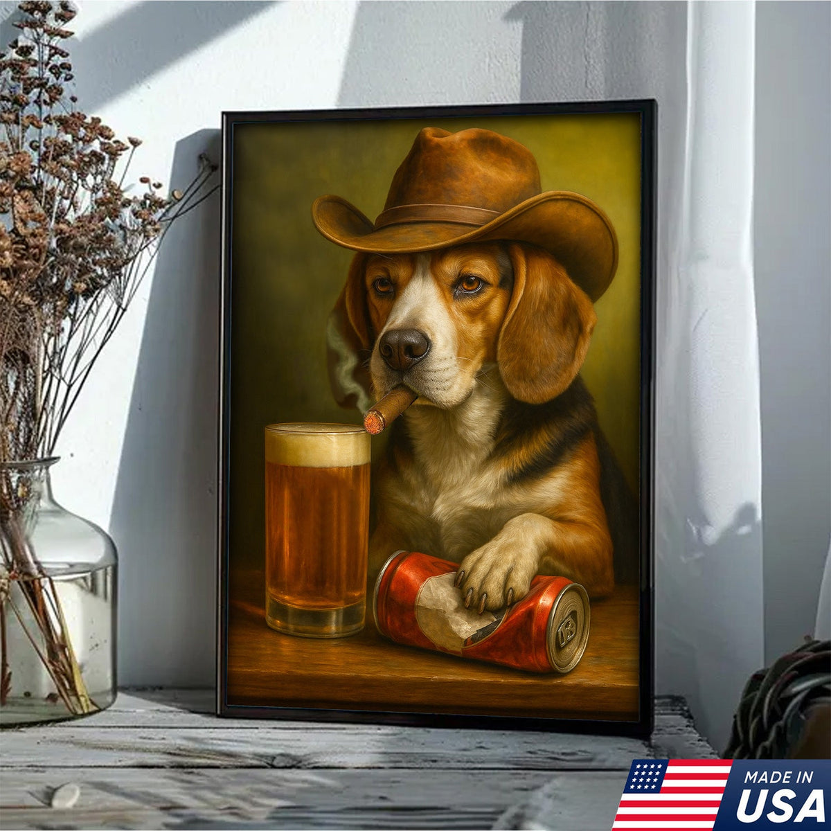 Funny Cowboy Dog Canvas Wall Art - Rustic Bar Wall Art Gift for Hunters, Outdoorsmen & Man Caves