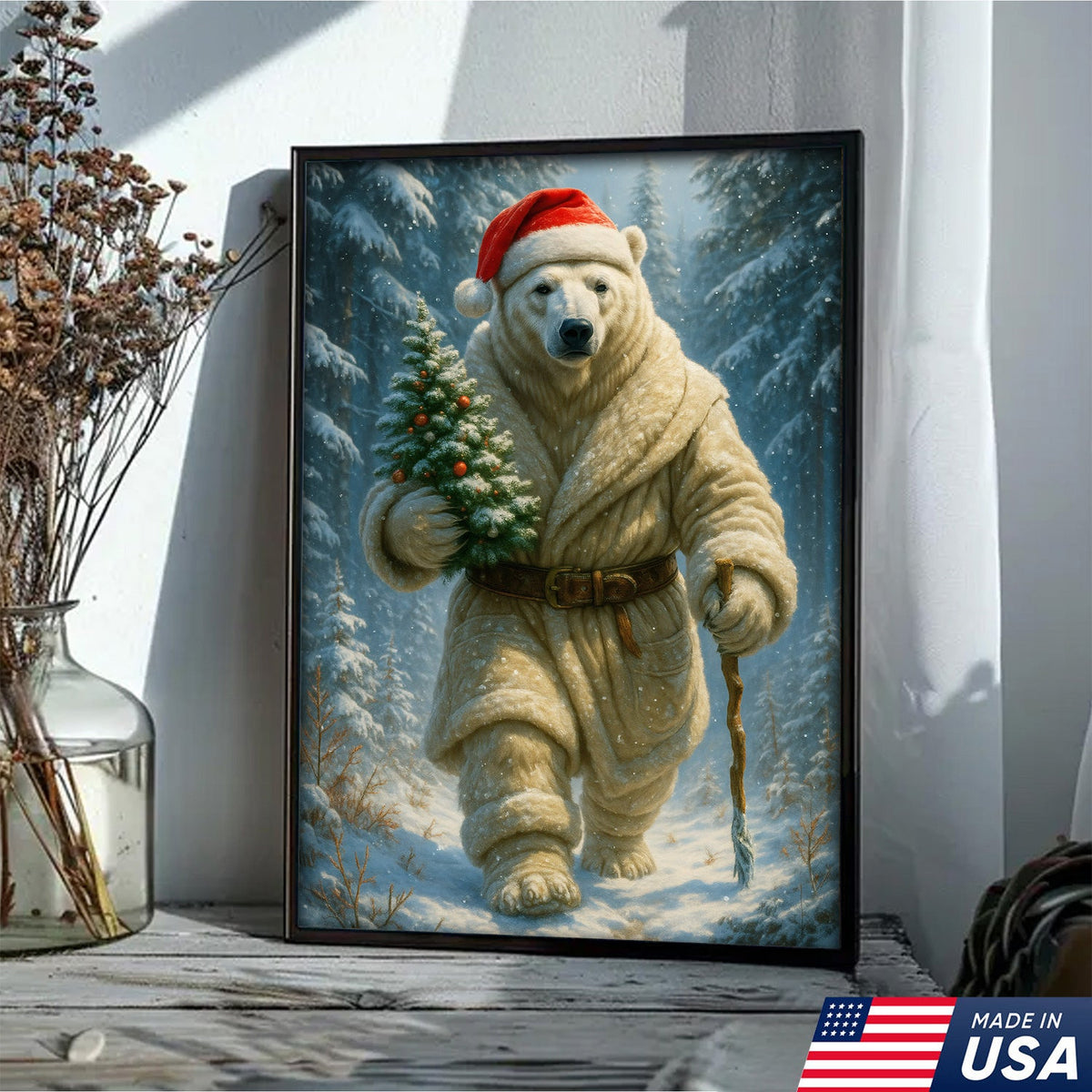 Polar Bear Santa Christmas Canvas – Funny Holiday Wall Art Gift for Hunters & Animal Lovers