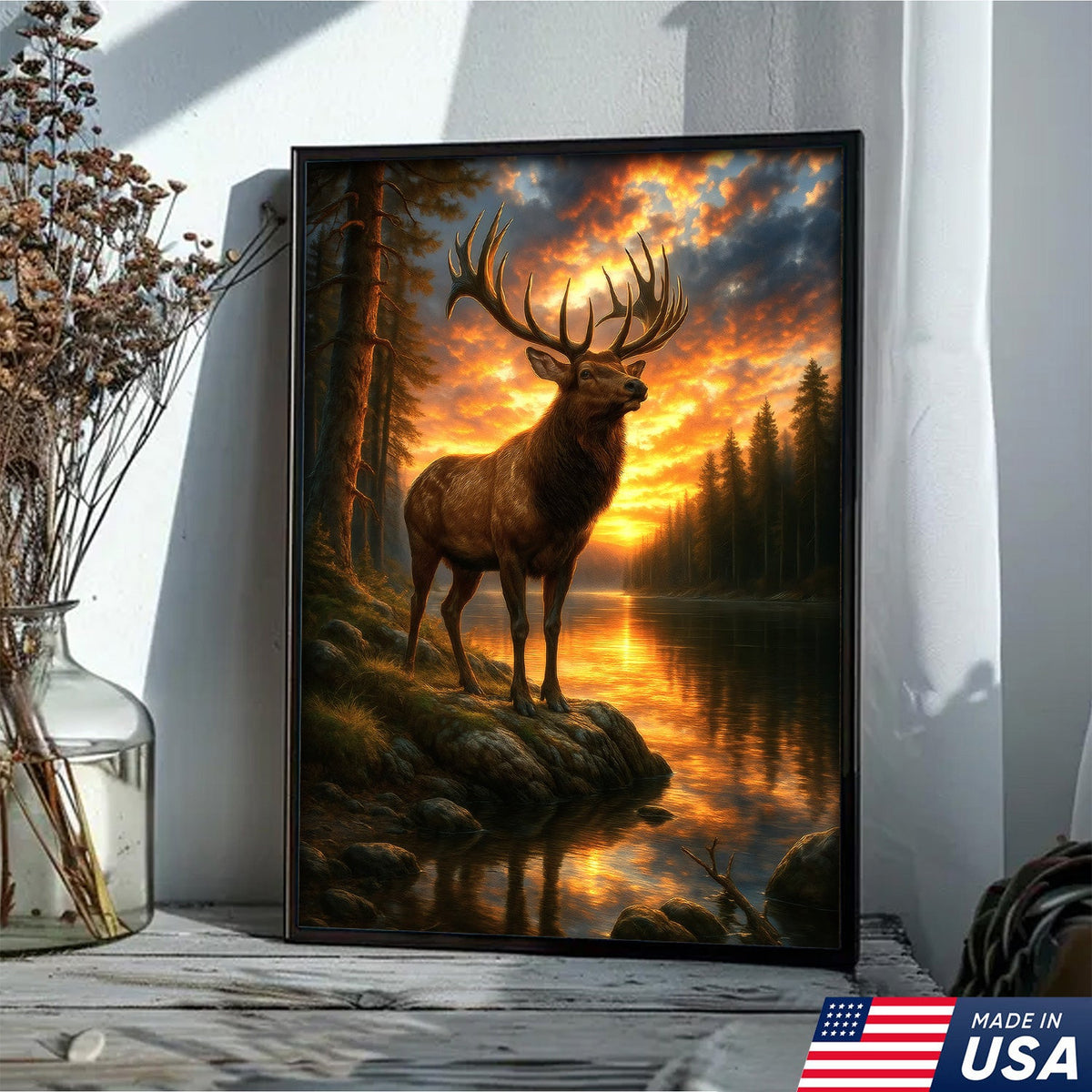 Majestic Elk at Sunset By The Lake Canvas– Wildlife Wall Art for Cabin, Lodge & Nature Lovers