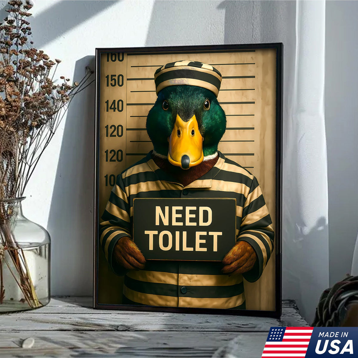 Funny Duck Mugshot Canvas – Bathroom Wall Art for Men, Toilet Humor Decor, Gag Gift Idea