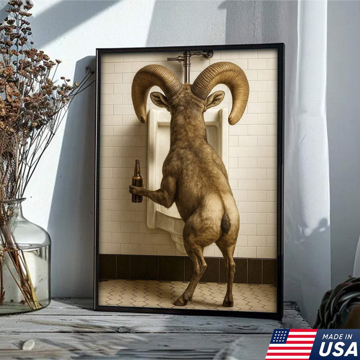 Humorous Big Horn Sheep Canvas Wall Art - Rustic Lodge Bathroom Decor for Cabin and Farmhouse