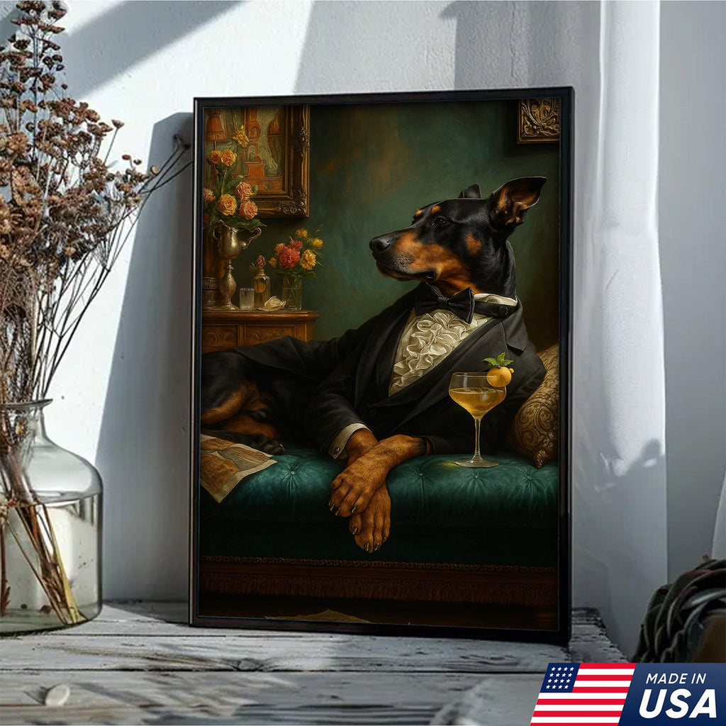 Elegant Doberman Gentleman Wall Art Canvas – Vintage Dog Portrait for Home Bar