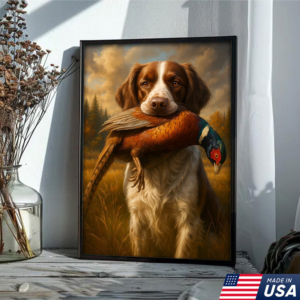 Upland Hunting Dog Canvas Wall Art – Brittany with Pheasant, Rustic Cabin Decor