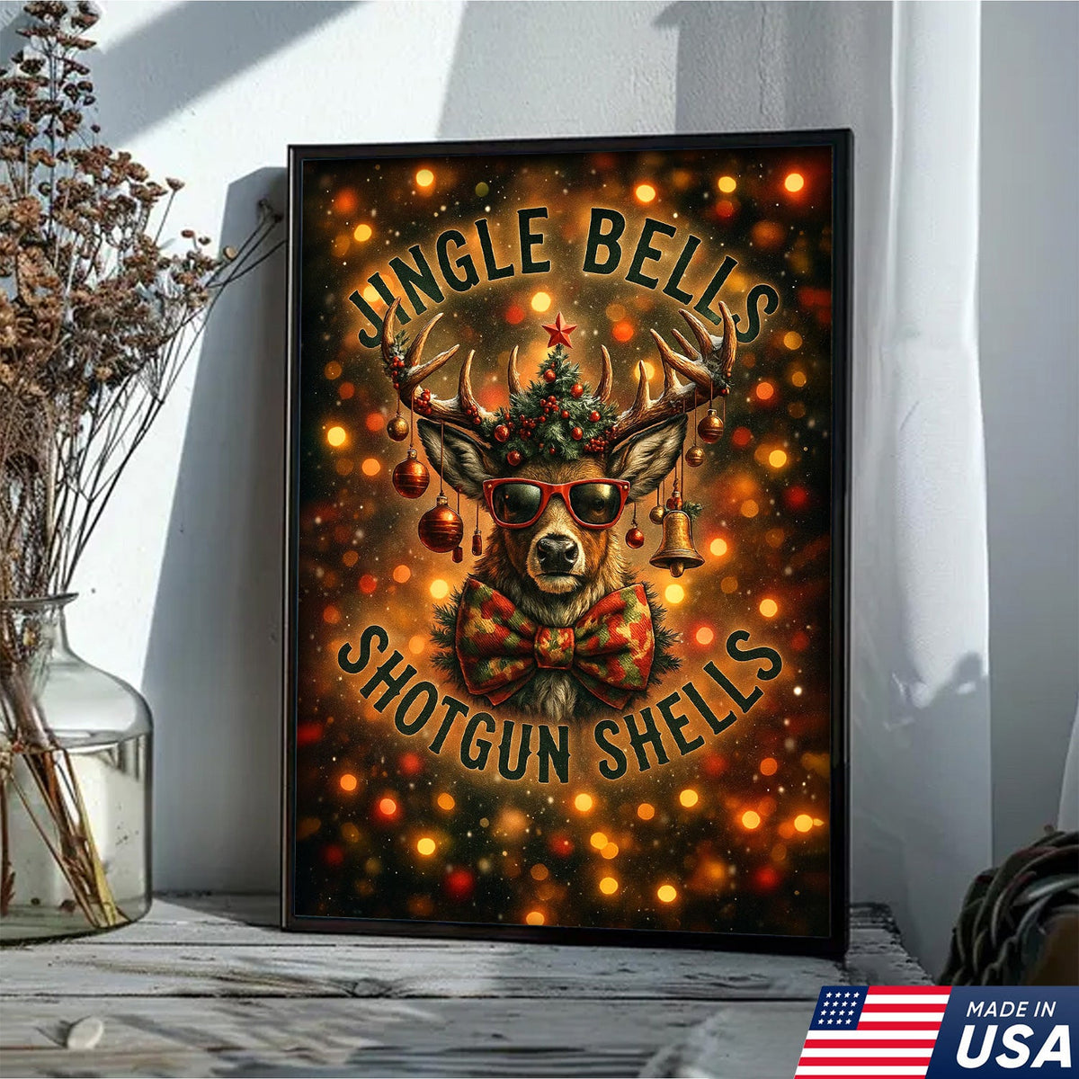 Christmas Deer Canvas Wall Art, Funny Holiday Reindeer Decor, Rustic Lodge Christmas Decoration