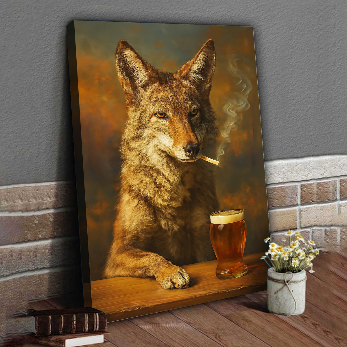 Smoking Wolf Coyote with Cocktail Glasses Canvas – Funny Hunting Wall Art for Man Caves