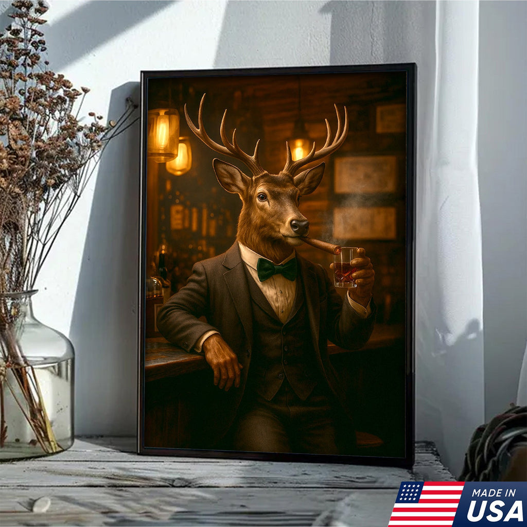 Deer Gentleman Wall Art – Classy Drinking & Smoking Canvas for Bar, Lodge & Man Cave Decor