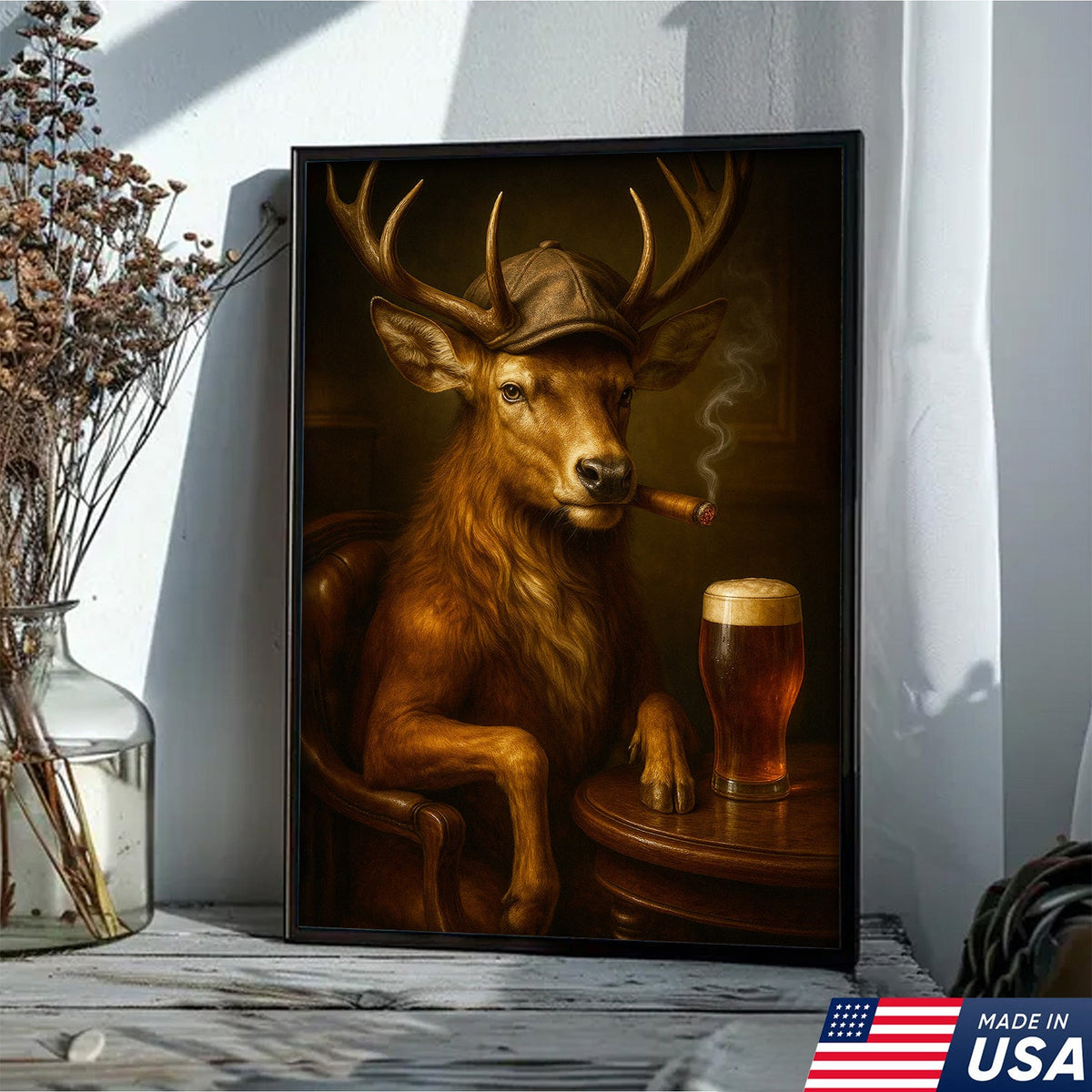 Classy Deer Smoking Cigar Canvas – Rustic Beer Lover Wall Art for Cabin & Man Cave