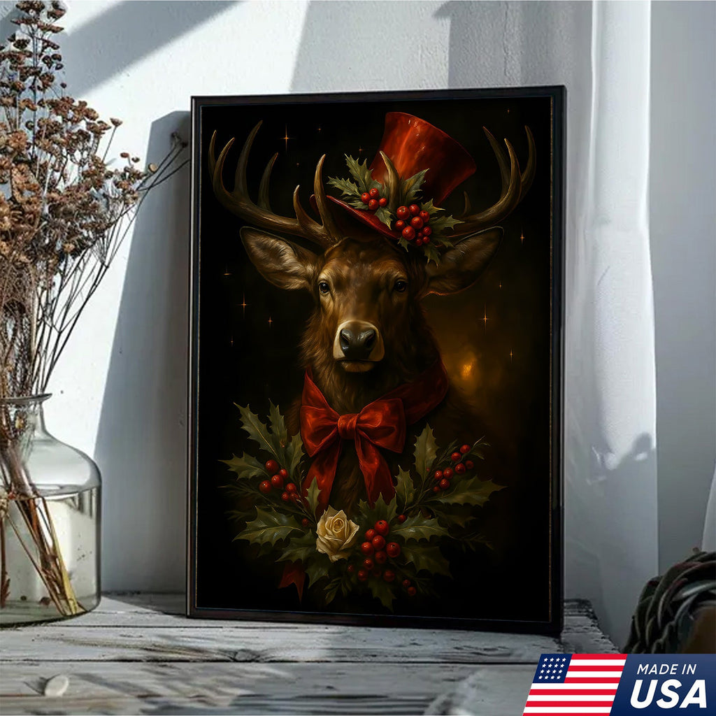 Christmas Deer Canvas Wall Art – Rustic Holiday Decor for Cabin & Lodge