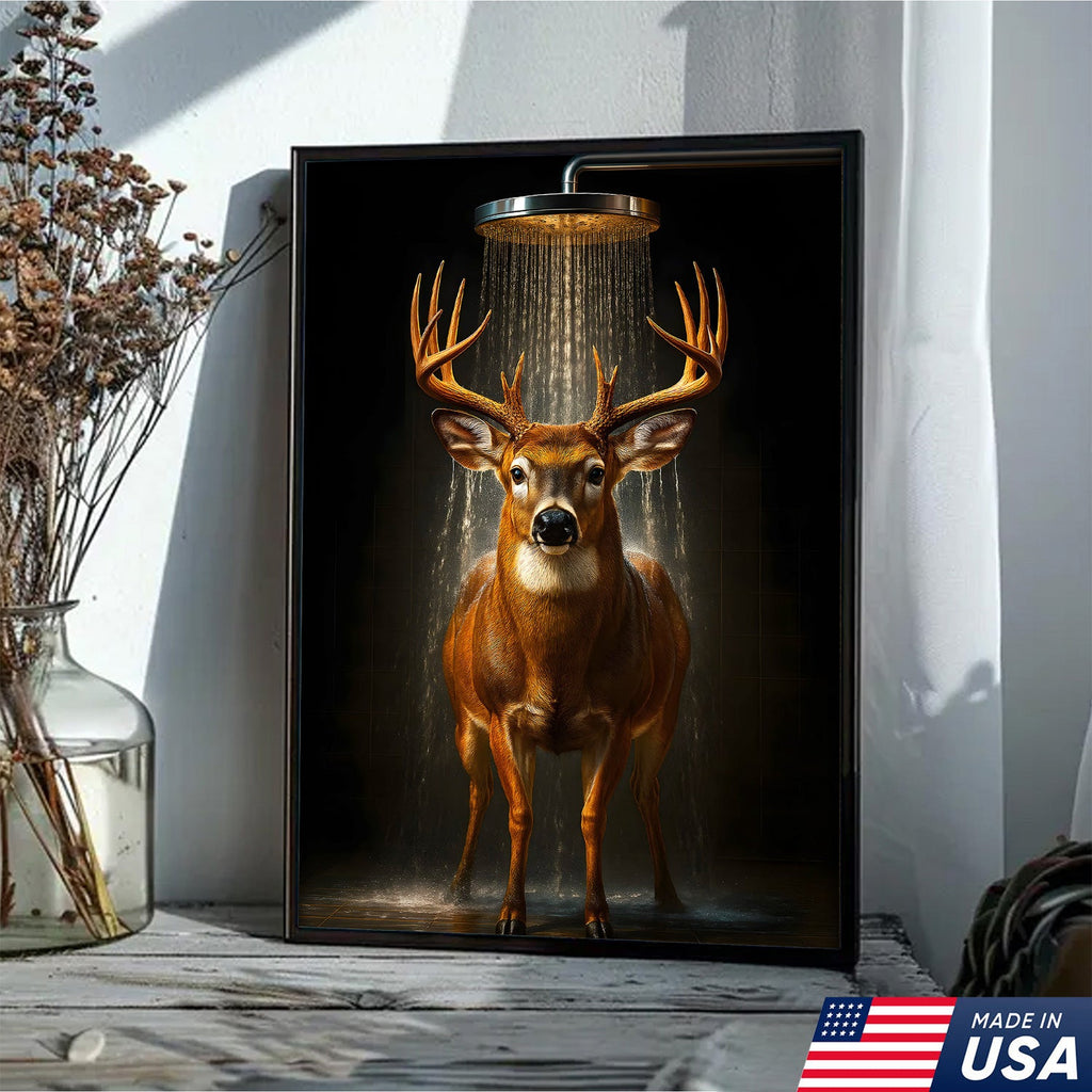 Funny Deer Shower Canvas Wall Art, Whimsical Buck Bathroom Decor