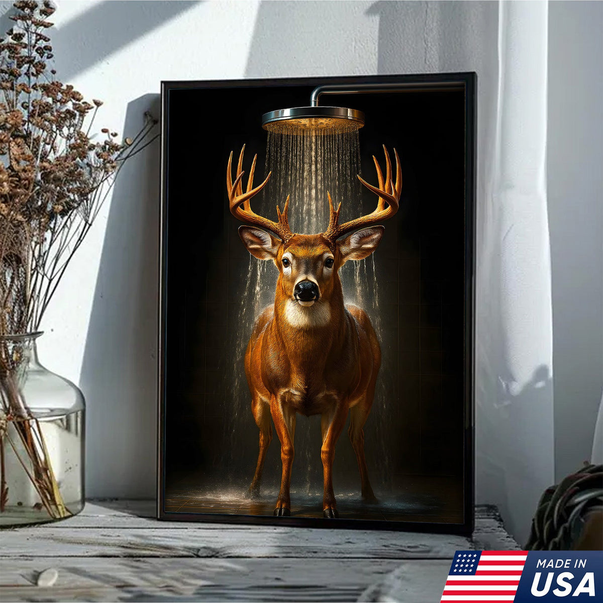 Funny Deer Shower Canvas Wall Art, Whimsical Buck Bathroom Decor