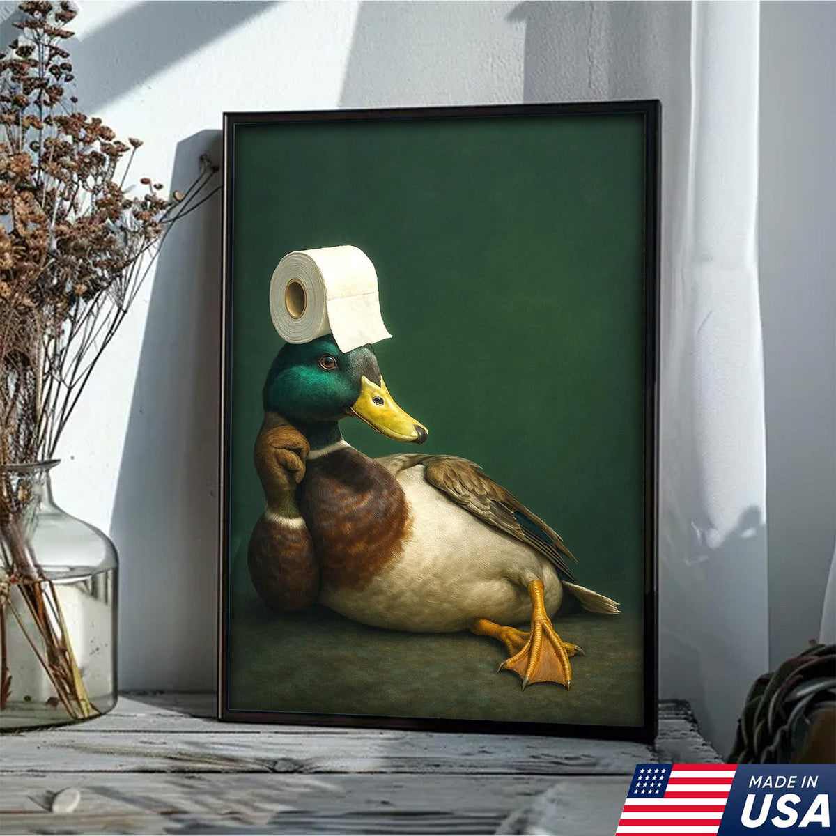 Funny Duck Bathroom Canvas Wall Art – Quirky Rustic Lodge Decor – Mallard Humor Gift Idea