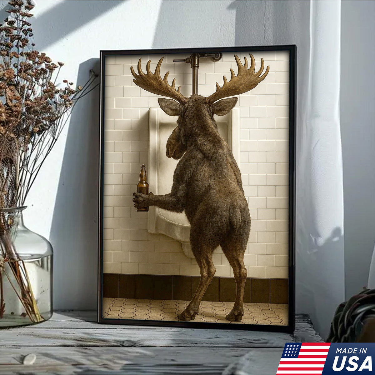 Moose Bathroom Canvas Wall Art - Funny Rustic Lodge Decor for Cabin and Hunting Enthusiasts