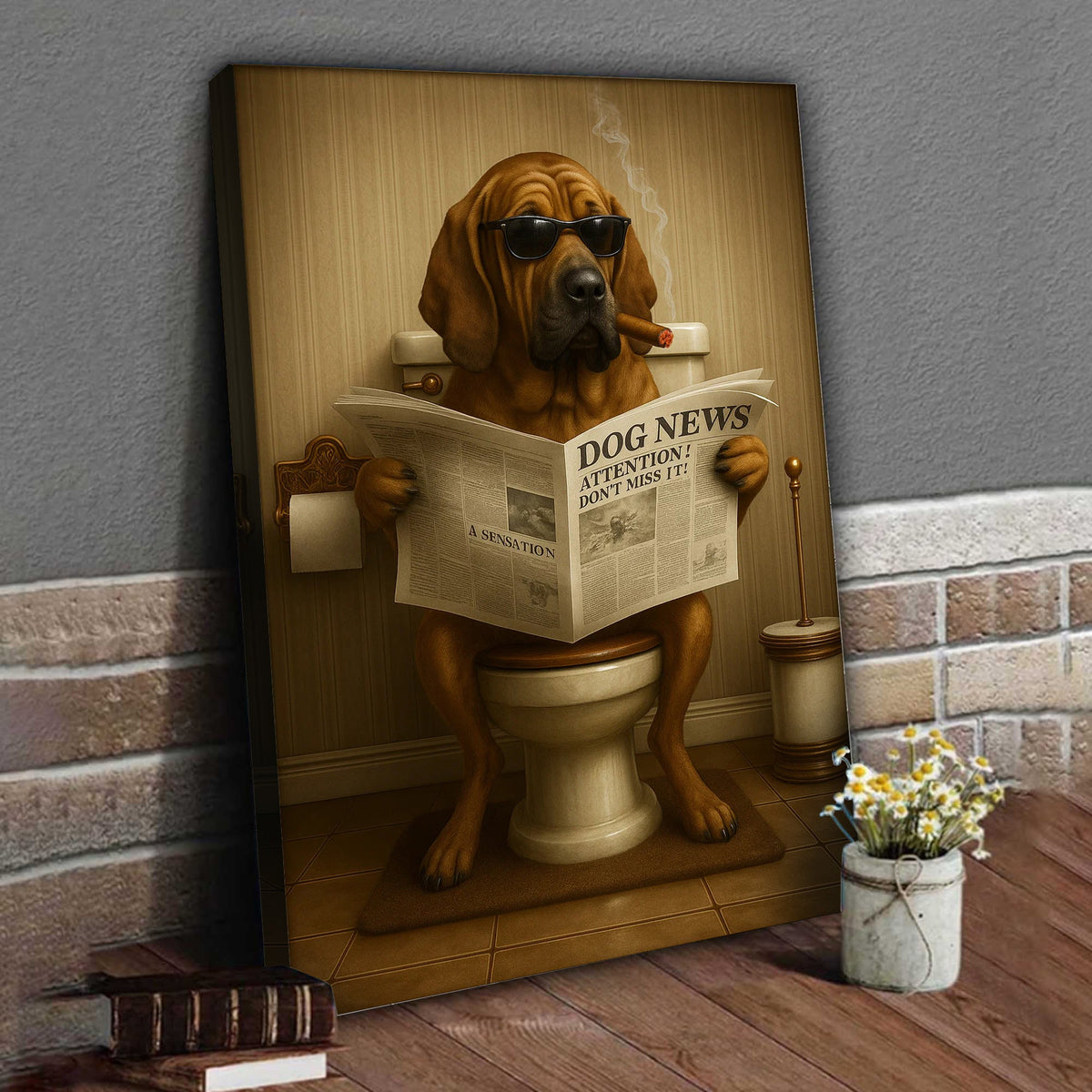 Funny Rustic Dog Bathroom Canvas – Bloodhound Smoking Reading ‘Dog News’ - Hunting Cabin Decor
