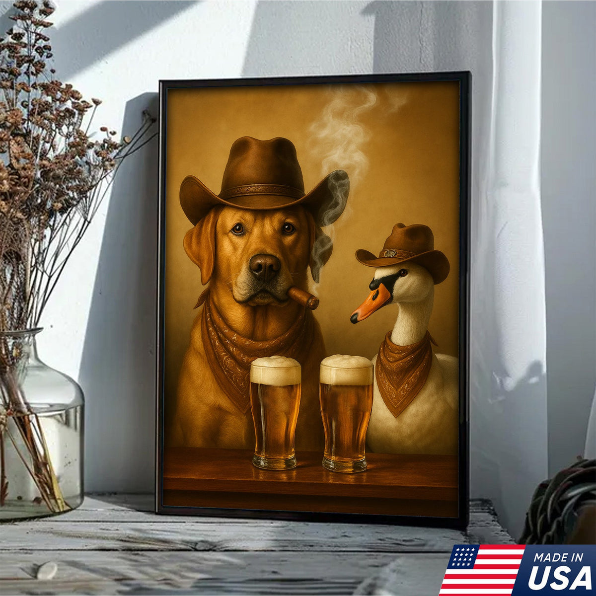 Funny Cowboy Dog & Geese Wall Art Canvas – Funny Beer & Smoking Canvas for Hunters