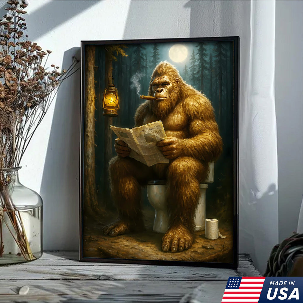 Funny Bigfoot Bathroom Canvas Wall Art, Sasquatch Reading Newspaper Picture