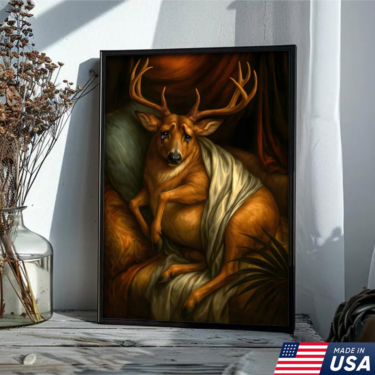 Funny Deer Portrait Canvas Wall Art, Renaissance Buck Painting with Draped Cloth