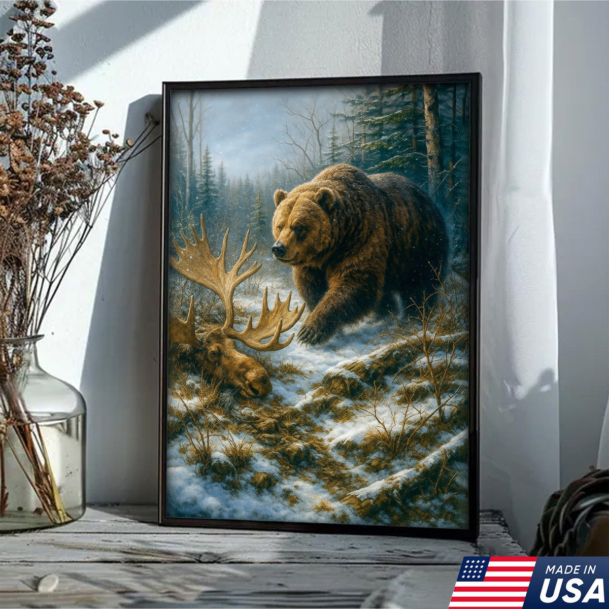 Grizzly Bear and Moose Wilderness Wall Art – Rustic Hunting Canvas for Cabin & Lodge Decor