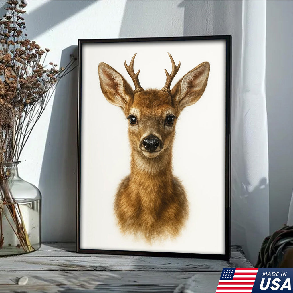 Minimalist Deer Canvas Wall Art, Realistic Baby Buck Portrait, Modern Wildlife Animal Print
