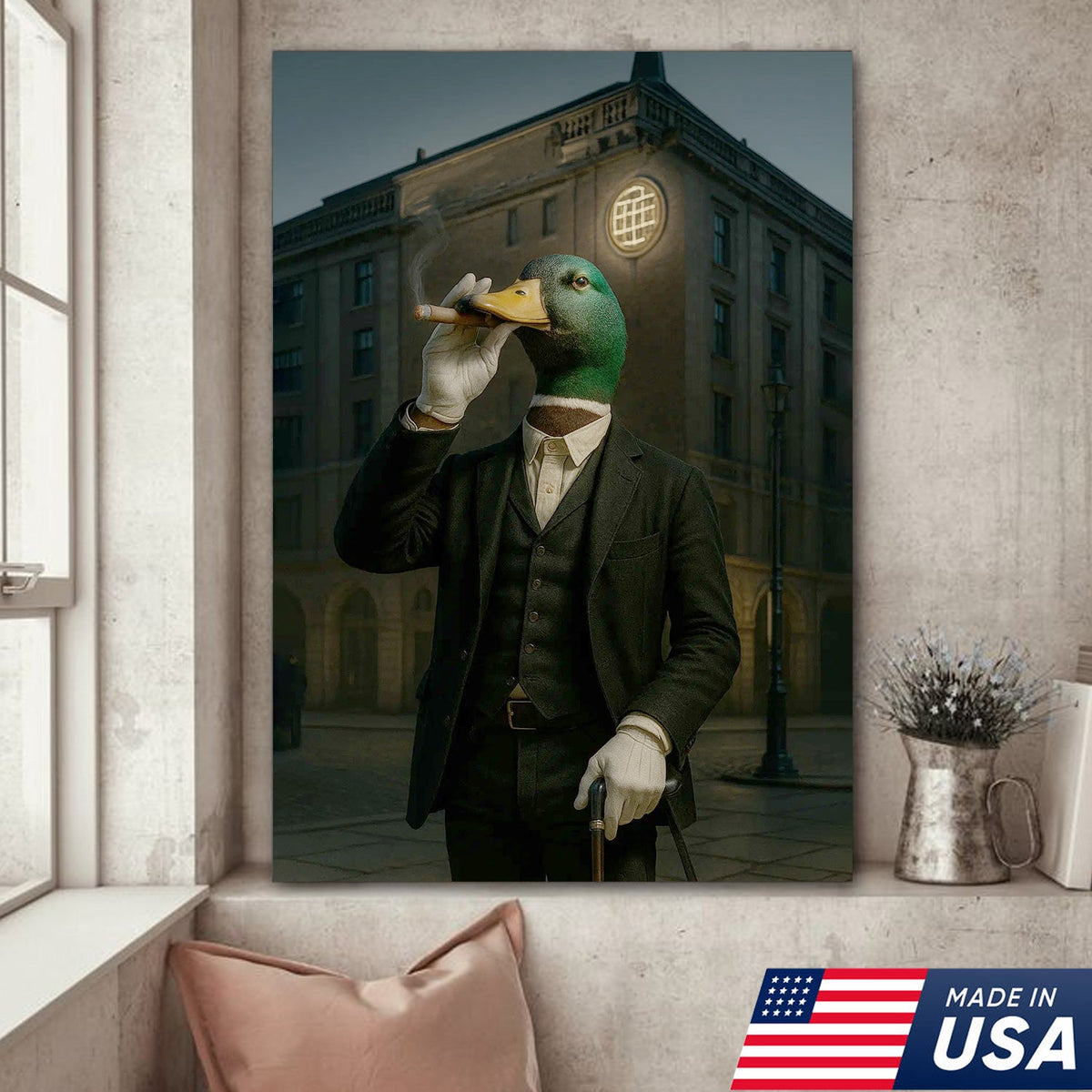 Mallard Gentleman Canvas – Duck in Suit Portrait, Vintage Noir Animal Wall Art