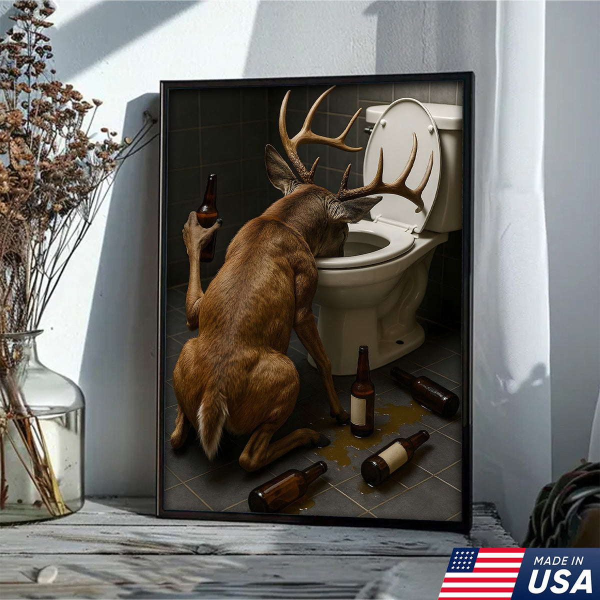 Funny Drunk Deer Canvas Wall Art, Hilarious Buck Bathroom Decor