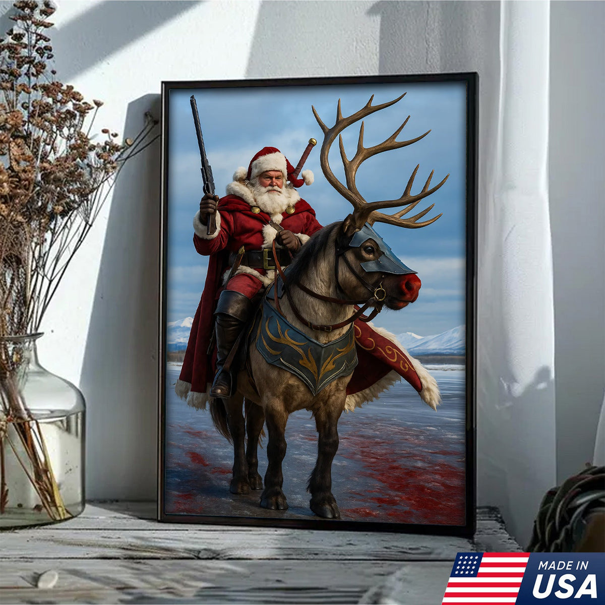 Epic Santa Riding Reindeer Canvas Wall Art, Fantasy Warrior Santa on Armored Reindeer