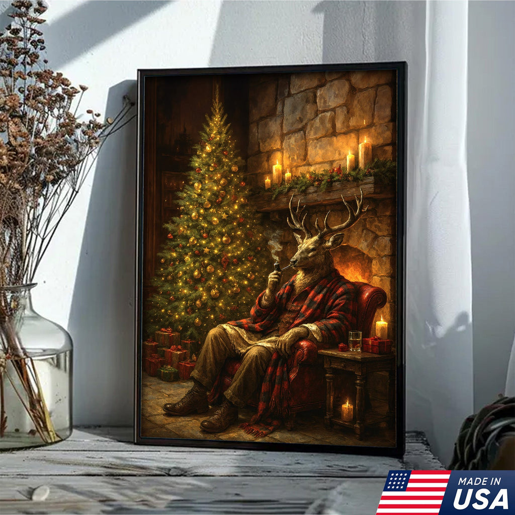 Christmas Deer Smoking Pipe Canvas - Cozy Cabin Wall Decor, Rustic Holiday Artwork