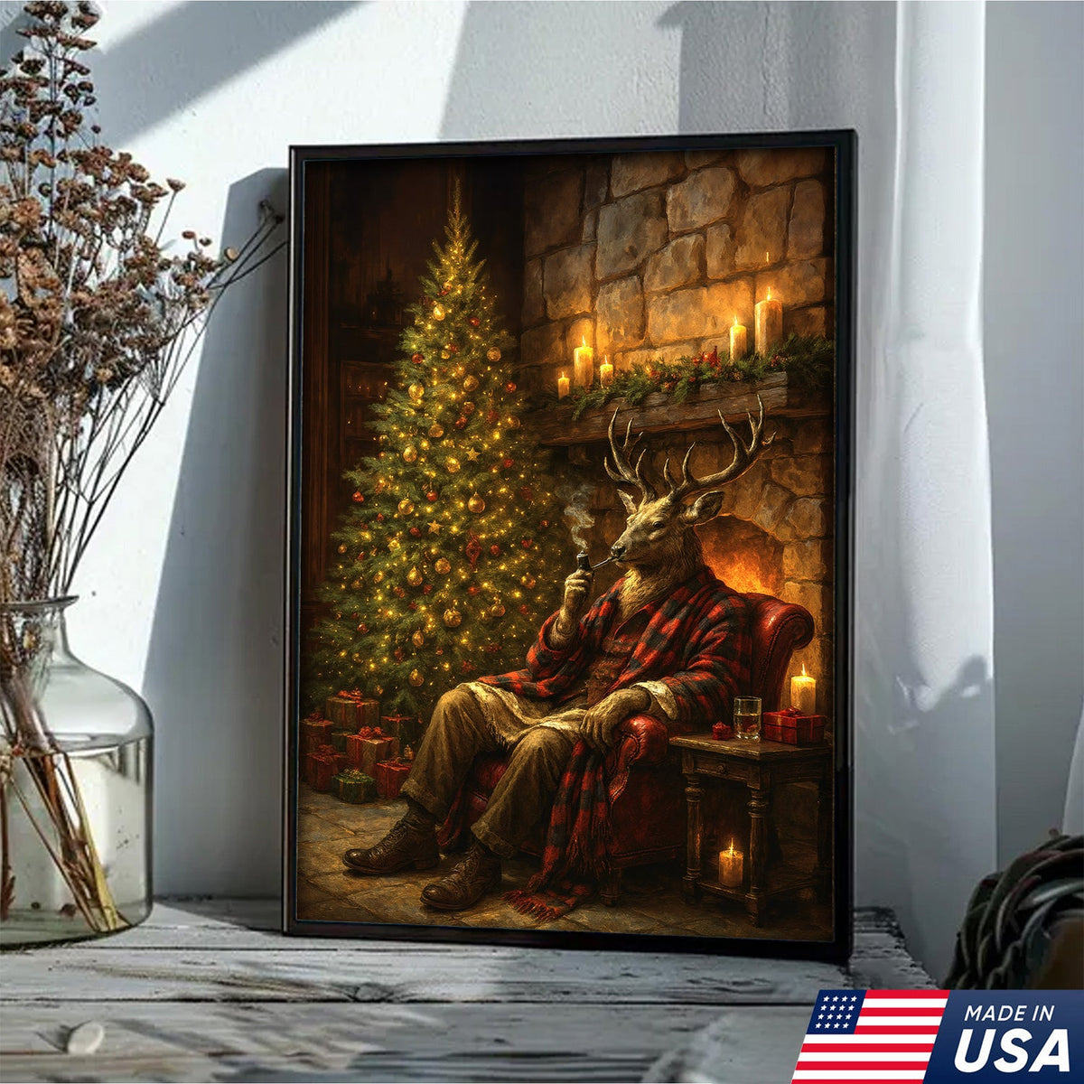 Christmas Deer Smoking Pipe Canvas - Cozy Cabin Wall Decor, Rustic Holiday Artwork