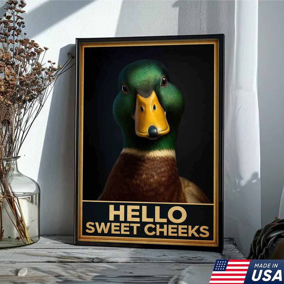 Funny Duck Hello Sweet Cheeks Canvas Wall Art, Humorous Mallard Portrait Print
