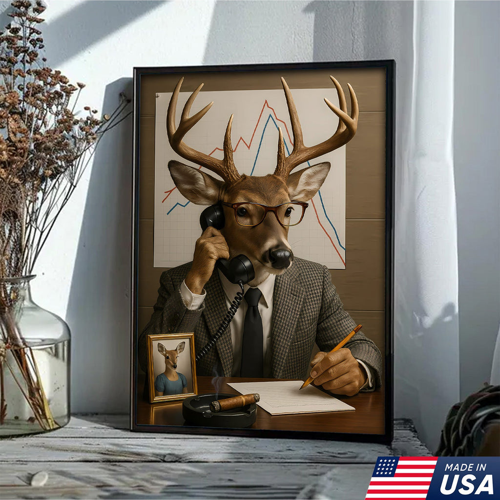 Funny Deer Businessman Canvas, Hilarious Office Buck Wall Art, Quirky Animal Decor for Workspace