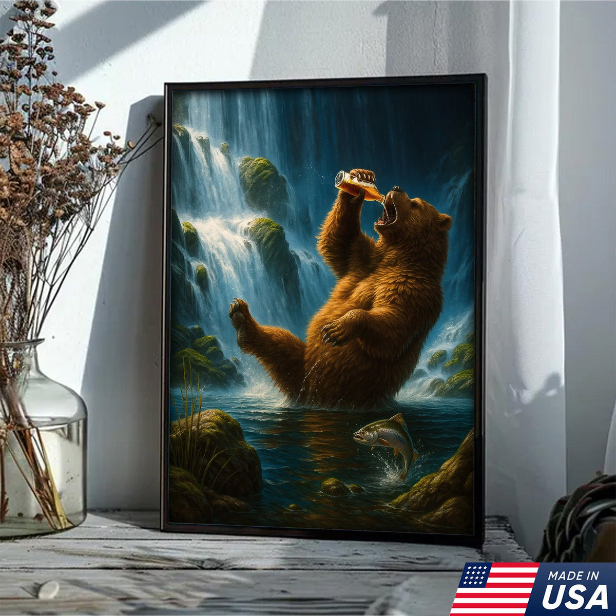 Funny Beer Bear Canvas Wall Art – Perfect Gift for Beer Lovers, Hunters & Outdoor Adventurers