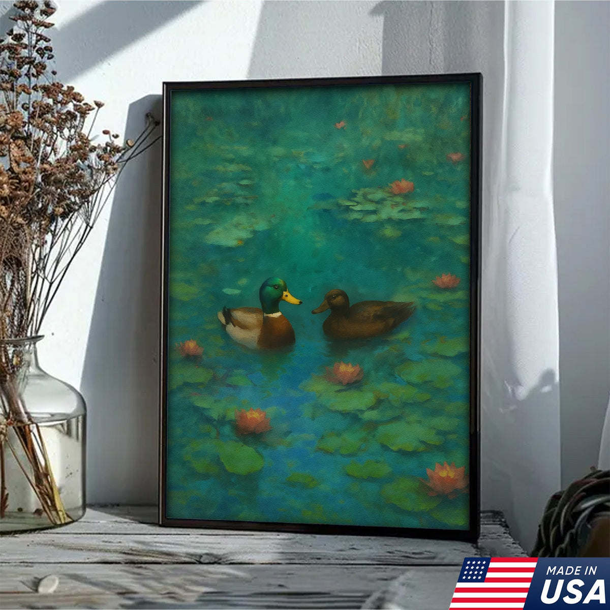 Romantic Mallard Duck Canvas Wall Art – Tranquil Pond & Water Lily Canvas