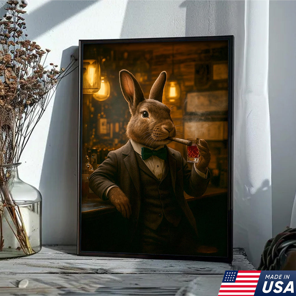 Rabbit Gentleman Wall Art – Classy Drinking & Smoking Canvas for Bar, Lodge & Man Cave Decor