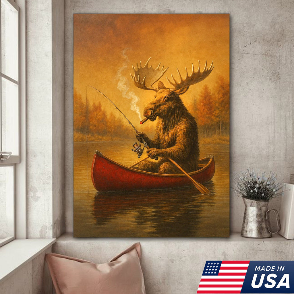 Funny Moose Fishing Canvas Wall Art, Rustic Cabin & Lodge Decor for Hunters & Fishermen