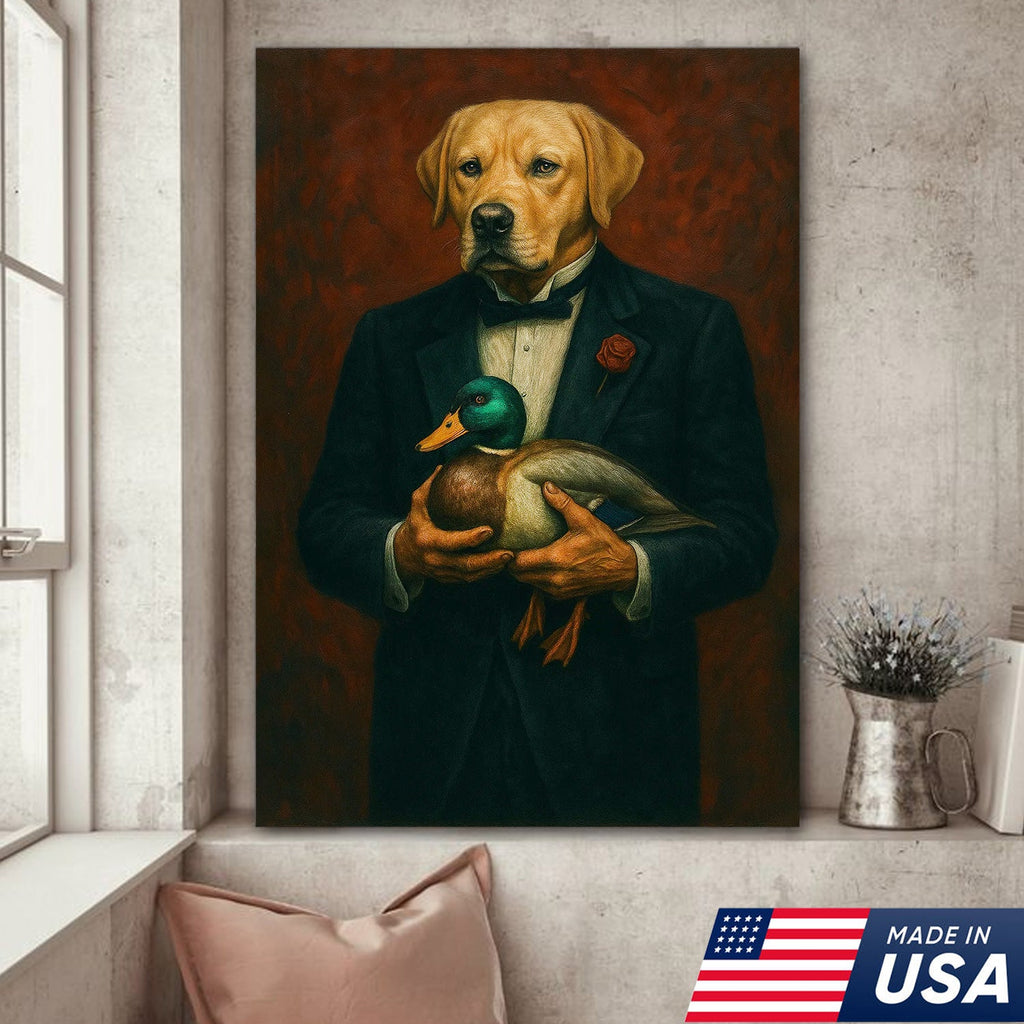 Yellow Labrador Retriever Canvas Wall Art – Distinguished Dog in Tuxedo Holding Mallard Duck