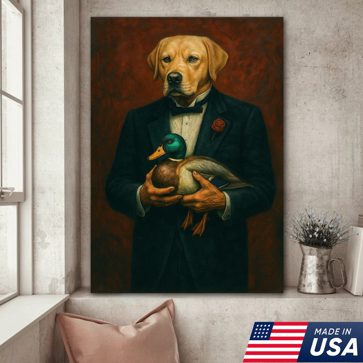 Yellow Labrador Retriever Canvas Wall Art – Distinguished Dog in Tuxedo Holding Mallard Duck