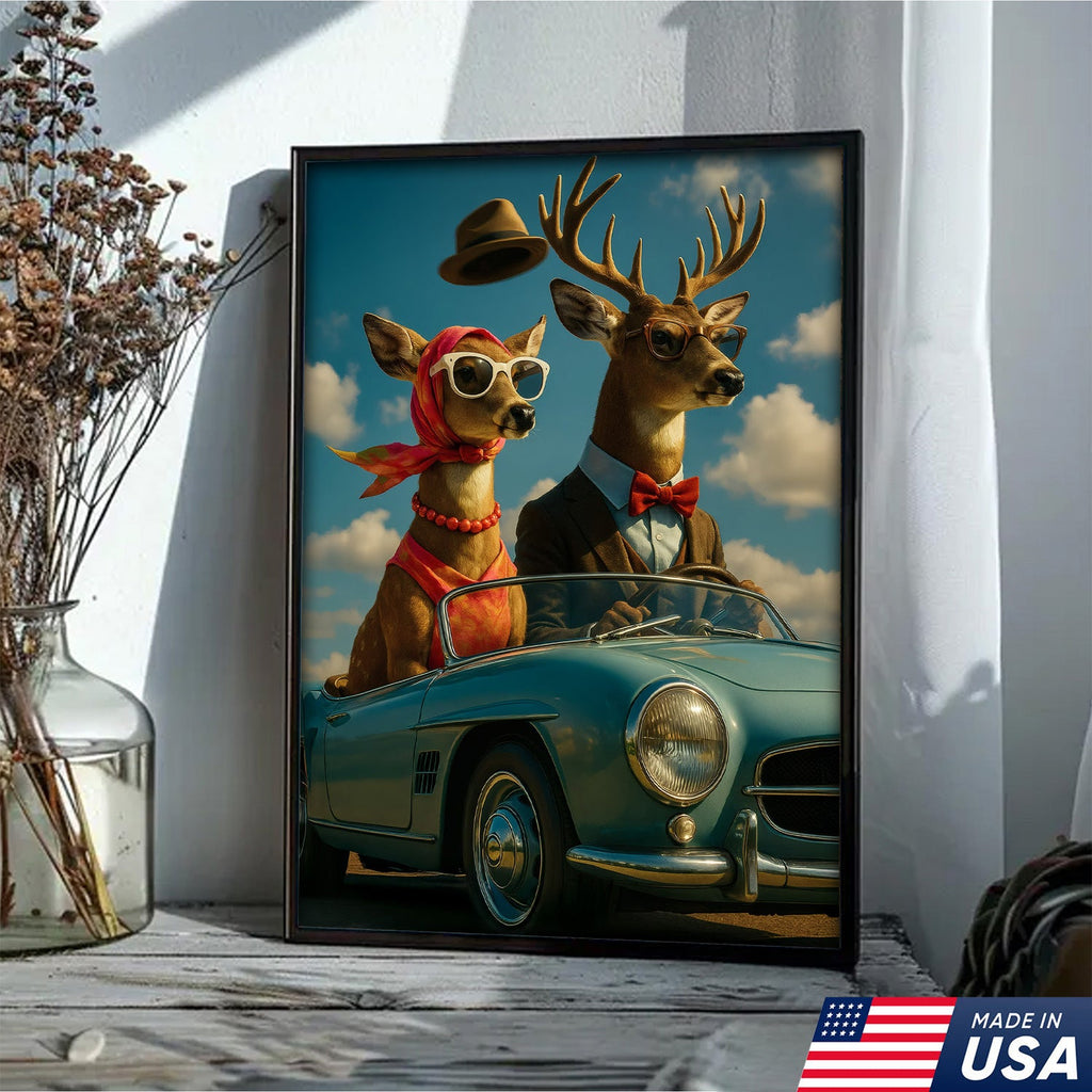Retro Deer Couple Driving Canvas – Funny Buck & Doe in Convertible, Vintage Wall Art