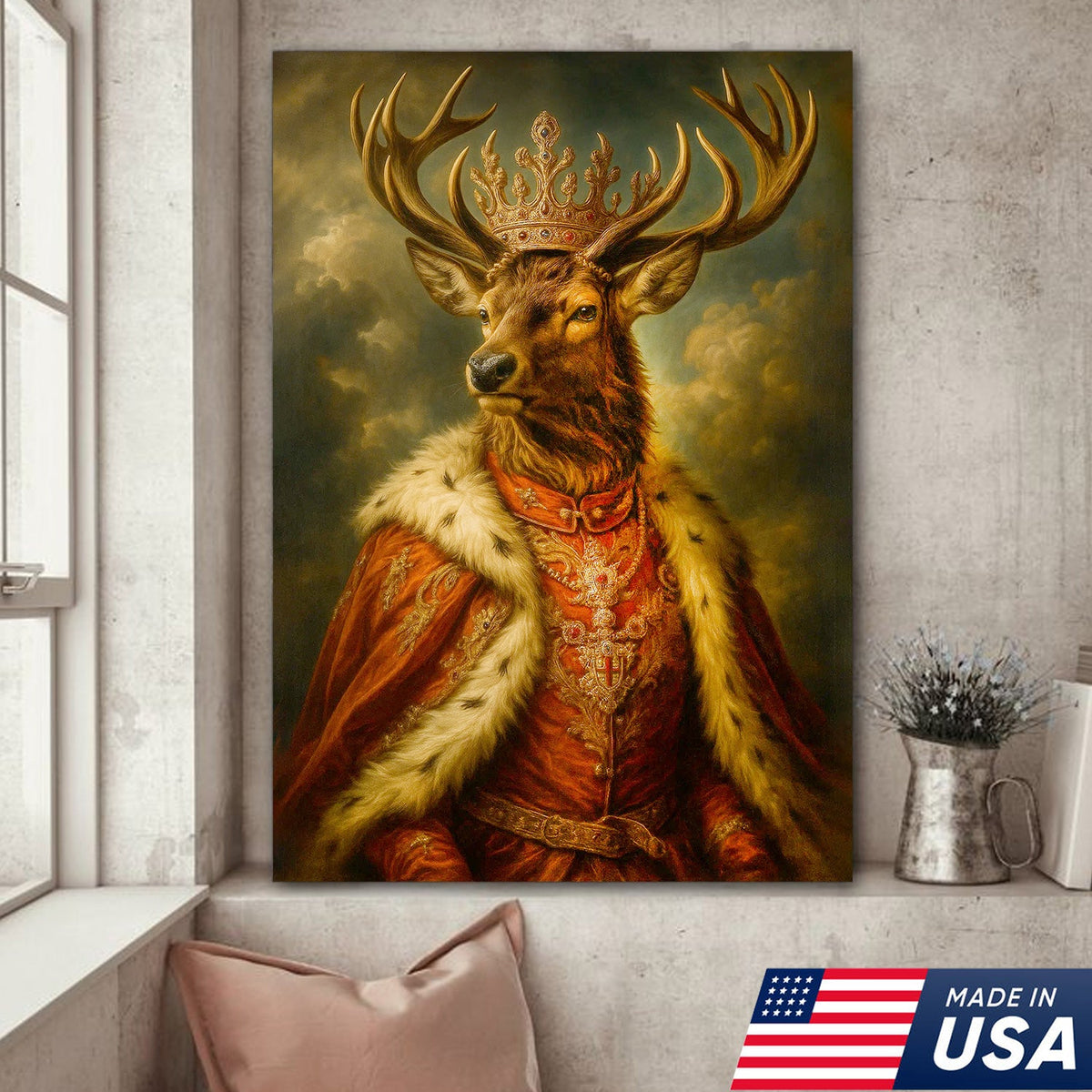 Royal Stag King Canvas Wall Art – Crowned Deer Portrait, Vintage Baroque Animal Print