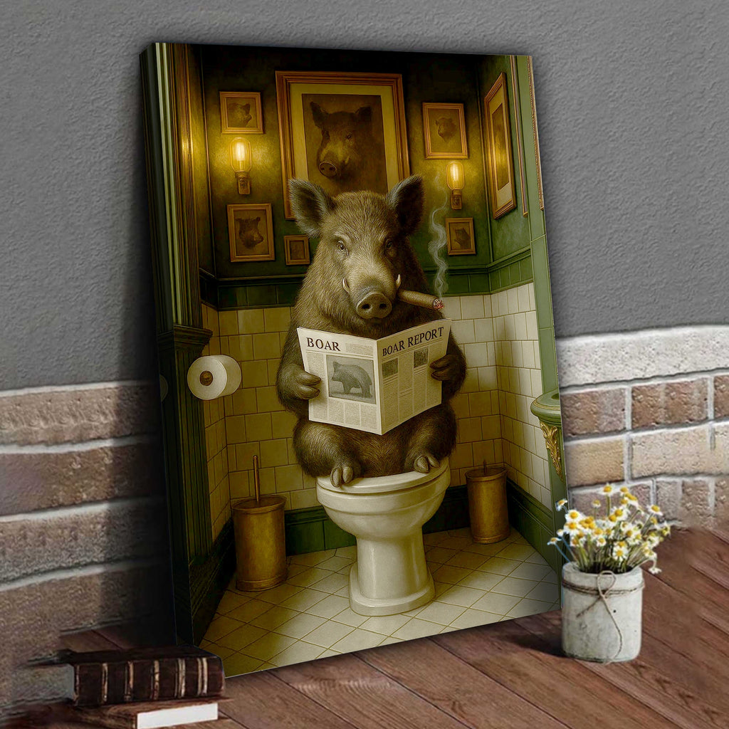 Boar Reading News Smoking Bathroom Wall Art – Rustic Decor for Men, Hilarious Gift for Men, Hunter