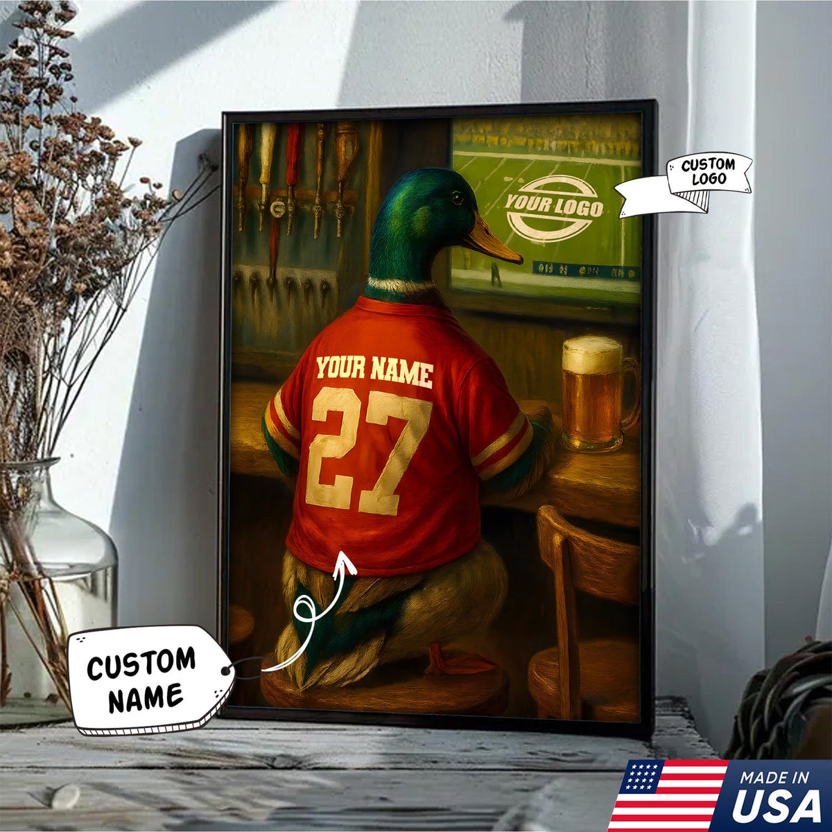 Custom Mallart Duck Football Canvas Wall Art – Personalized Duck Watching Sports Drinking Funny Sports Bar Decor