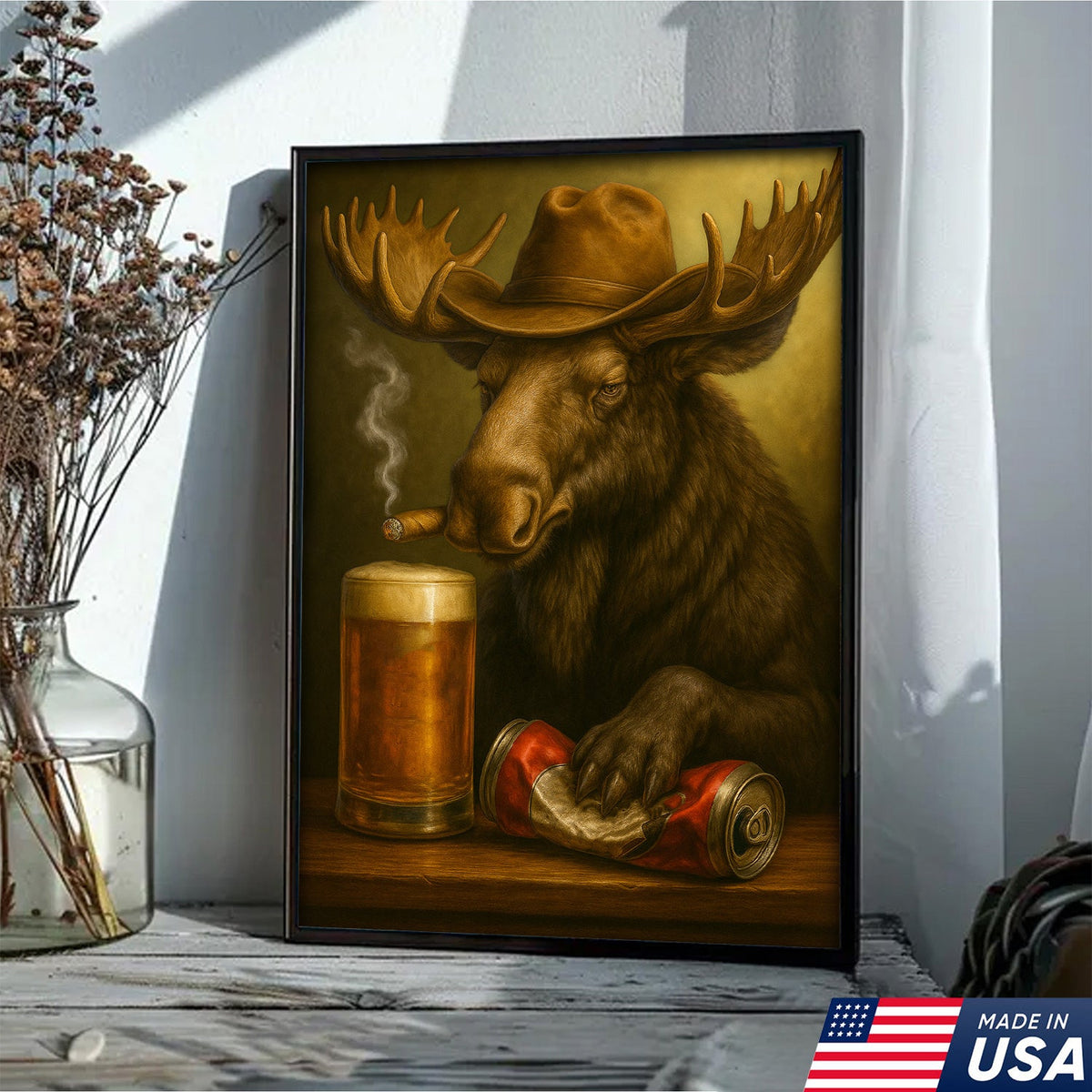 Rustic Cowboy Moose Beer Canvas – Funny Bar Wall Art Gift for Hunters, Cabin Decor & Man Caves